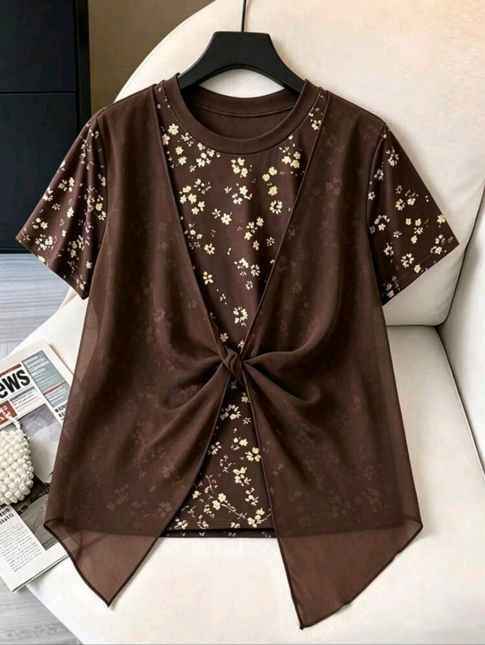 BRAND NEW ** Women’s Brown Floral Layered Knot Front Top